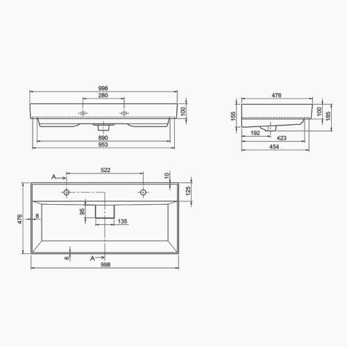 Νιπτήρας Επίπλου Πορσελάνης Cerastyle Sharp 100x48cm 037600-u Λευκό Double Tap Hole