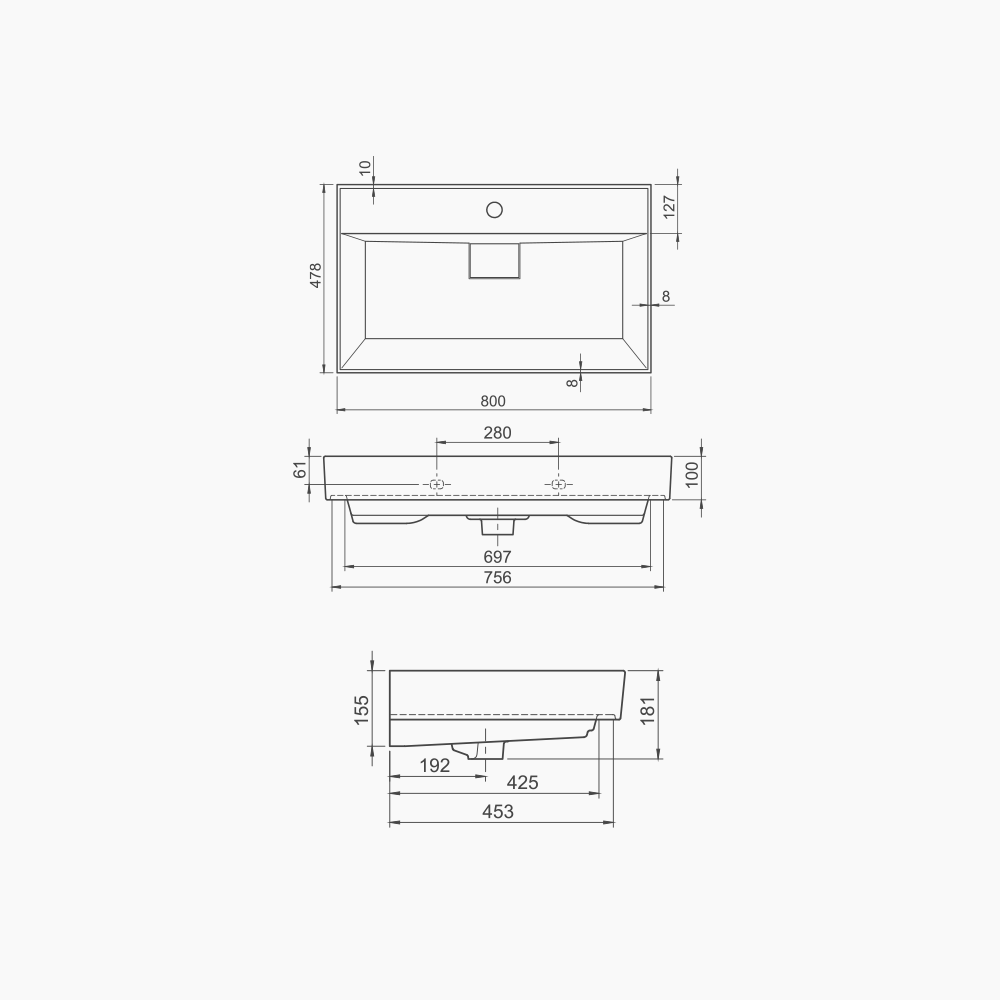 Νιπτήρας Επίπλου Πορσελάνης Cerastyle Sharp 80x48cm 037300-u Λευκό