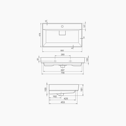 Νιπτήρας Επίπλου Πορσελάνης Cerastyle Sharp 80x48cm 037300-u Λευκό