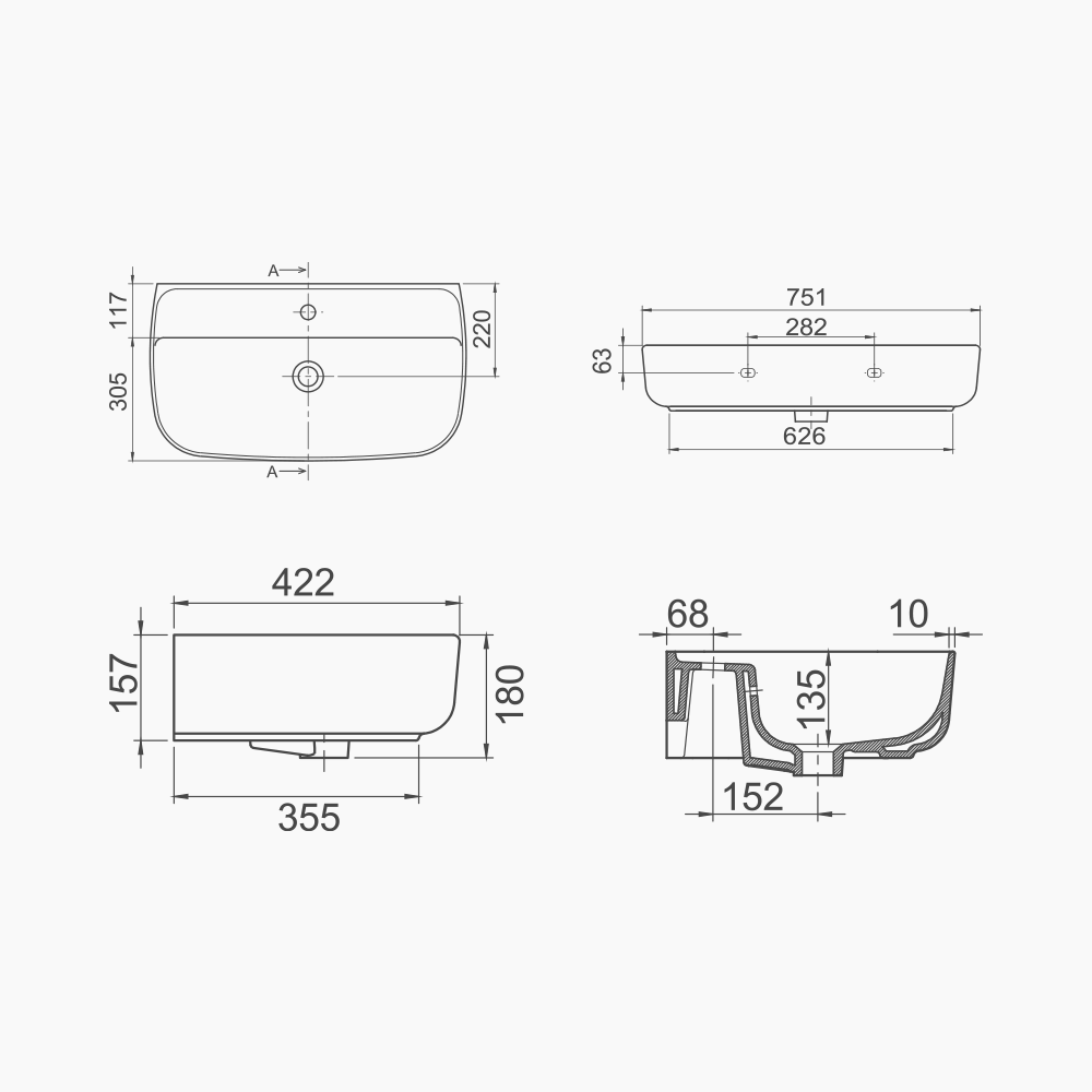 Νιπτήρας Πάγκου Πορσελάνης Cerastyle Aqua BTW 75x42cm  078700-u Λευκό
