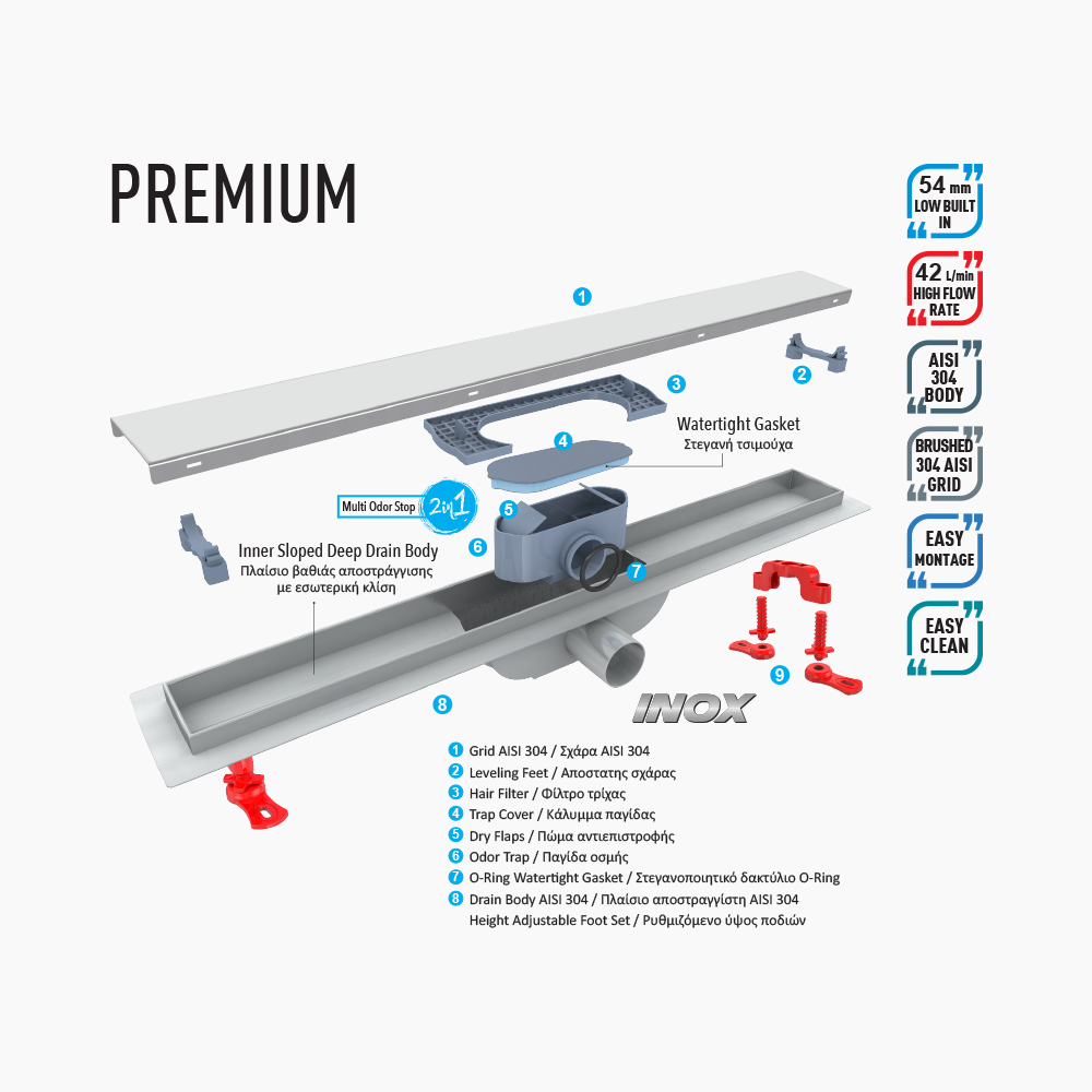 Κανάλι Ντουζιέρας Duscheline Γραμμικό Premium Vision 80 cm  DU-176280  Inox