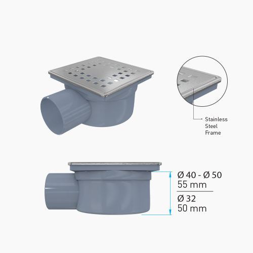 Σιφώνι Δαπέδου Duscheline Τετράγωνο Vista 10x10 cm με οριζόντια έξοδο Φ 40mm  612040 Inox